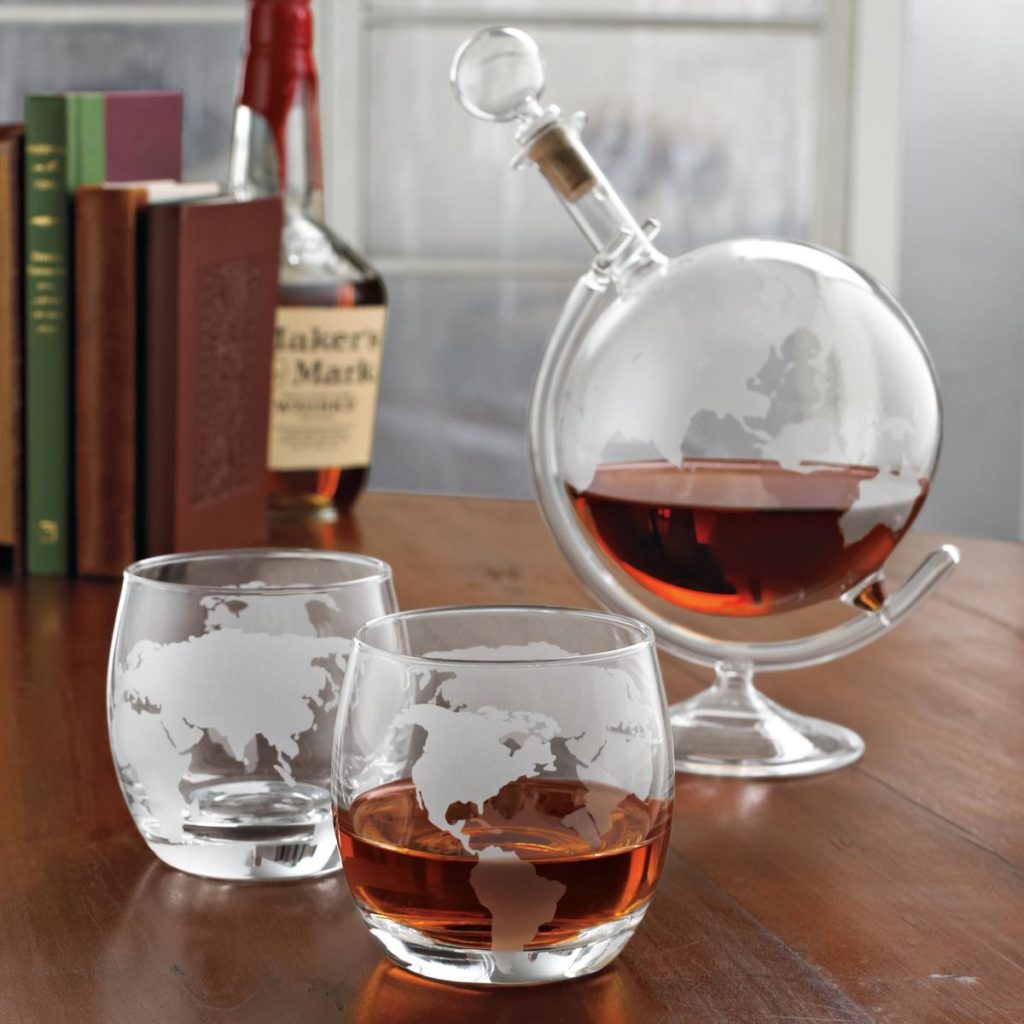 Etched Globe Whiskey Decanter & Glass Set