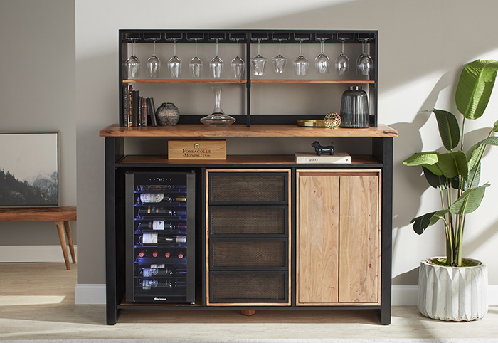 Morgon Live Edge Metal and Wood Wine Bar Center with Glassware Storage Hutch